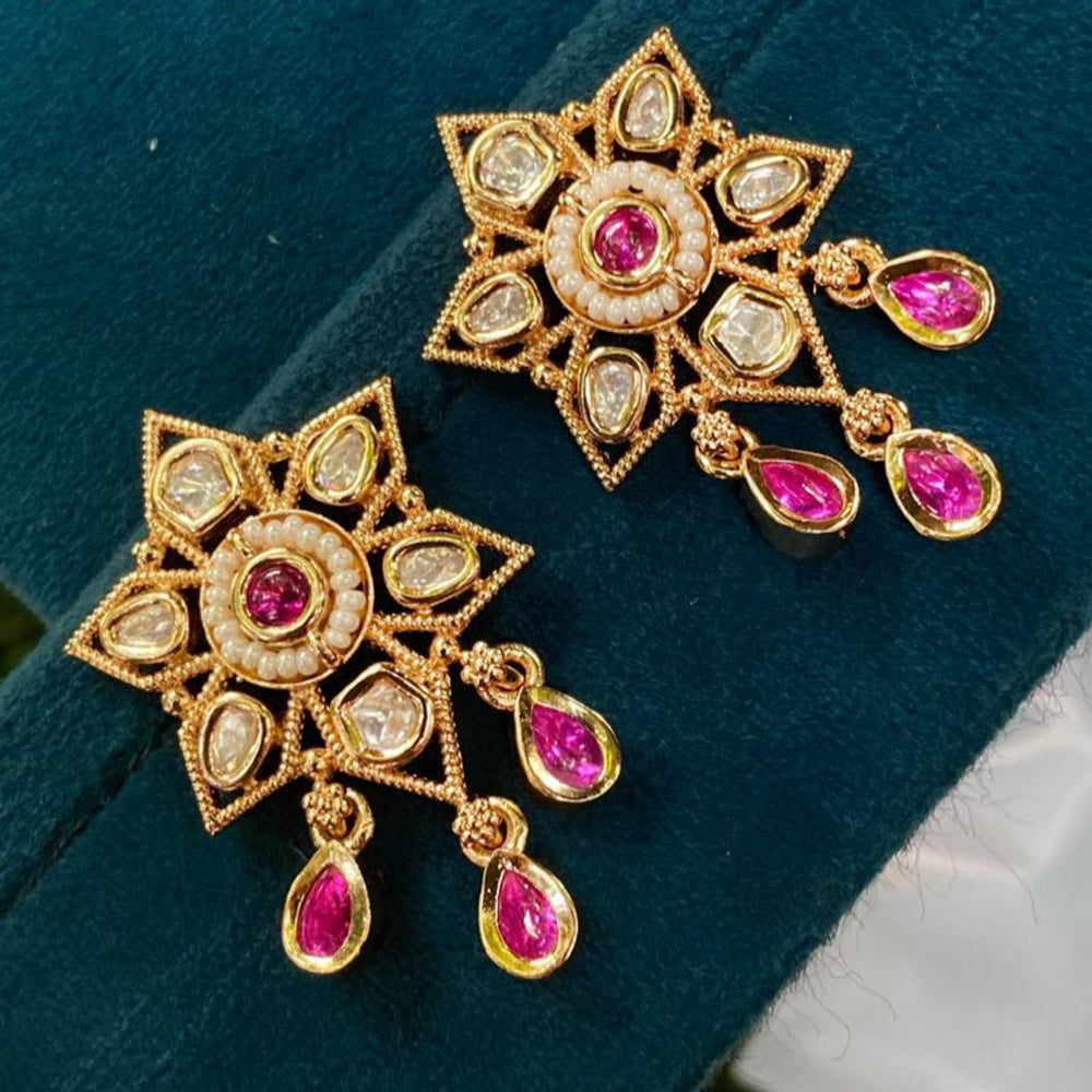 Royal Kundan Jewellery Gold Plated Polki Kundan Dangler Earrings