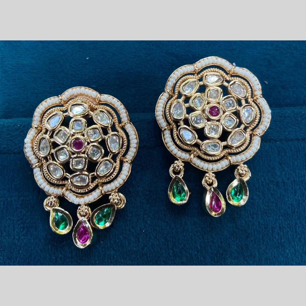 Royal Kundan Jewellery Gold Plated Polki Kundan And Pearls Dangler Earrings