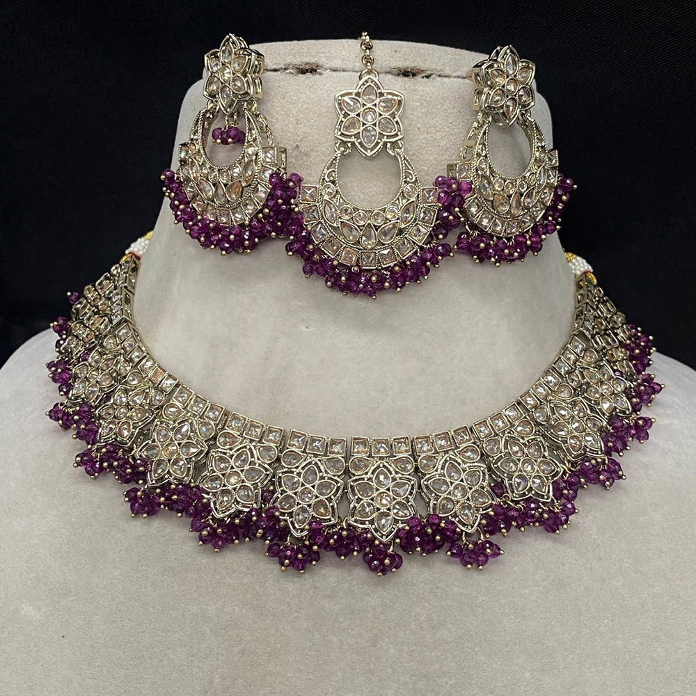 Royal Kundan Jewellery Gold Plated Crystal Stone And Beads Necklace Set