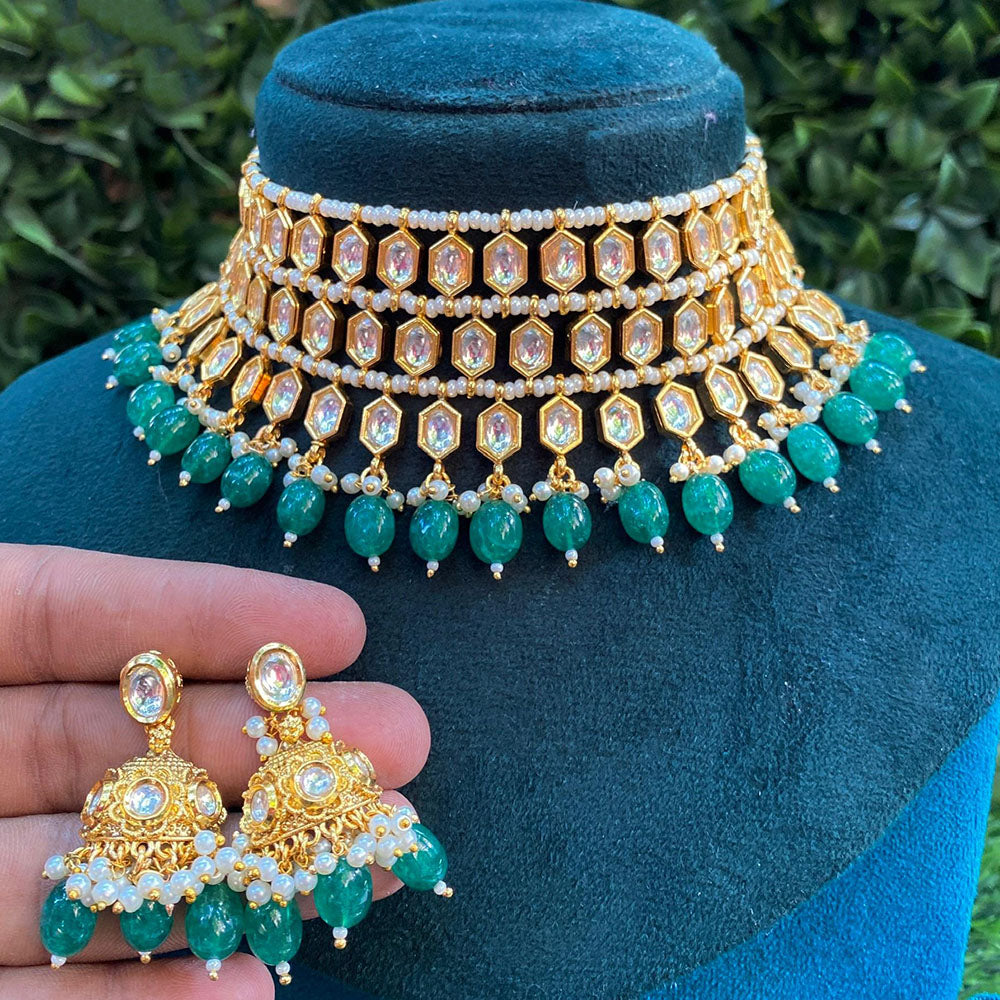 Royal Kundan Jewellery Heavy Look Kundan Pearl Beaded Choker Necklace Set