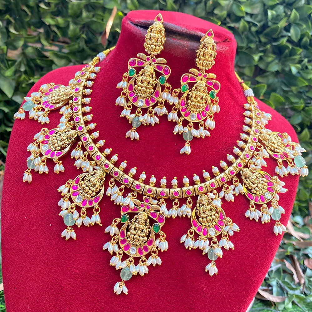 Royal Kundan Jewellery Premium Pota Stone Pearl And Temple Necklace Set