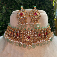 Royal Kundan Jewellery Designer Pota Stone And Pearl Choker Necklace Set