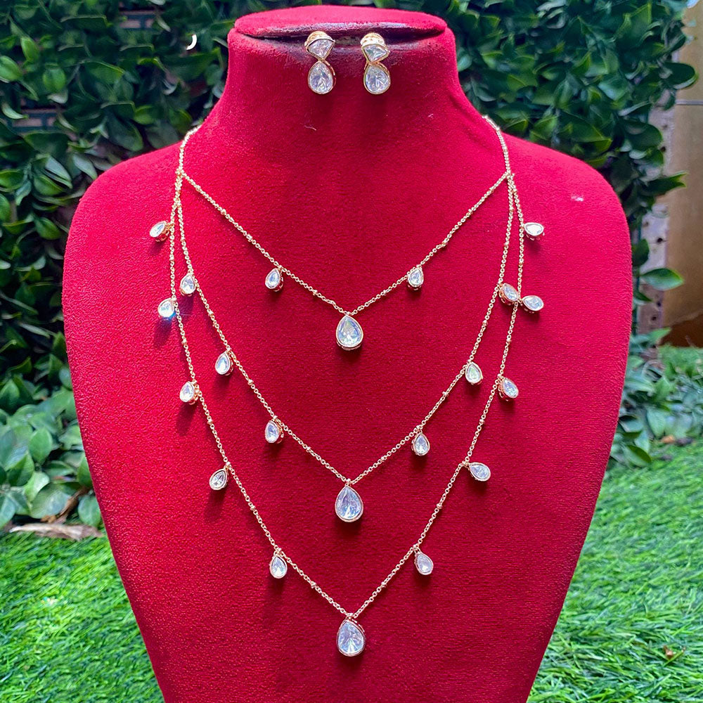 Royal Kundan Jewellery Maharani Style Polki Kundan Stone Multi-Layer Long Necklace Set