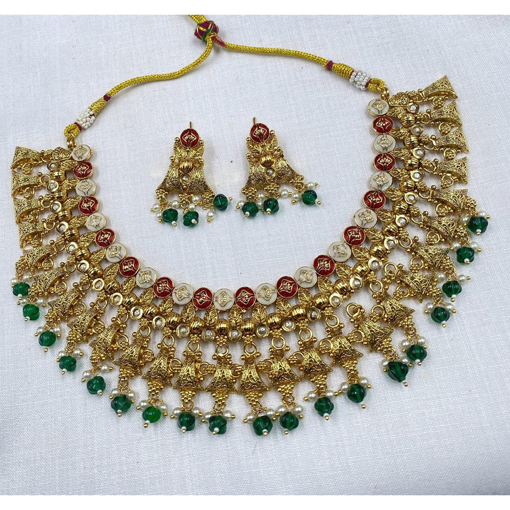 Royal Kundan Jewellery Grand Pota Stone And Beads Meenakari Choker Necklace Set