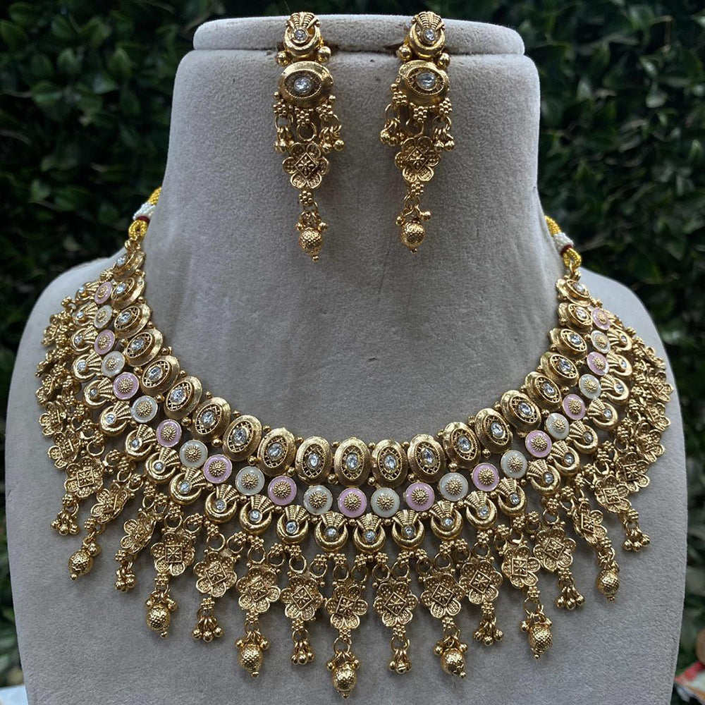 Royal Kundan Jewellery Grand Pota Stone And Beads Meenakari Choker Necklace Set