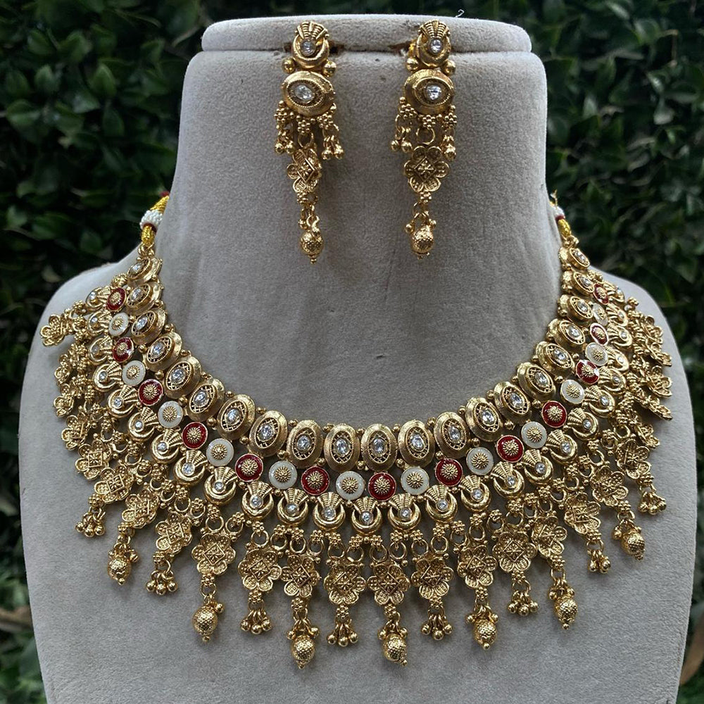 Royal Kundan Jewellery Grand Pota Stone And Beads Meenakari Choker Necklace Set