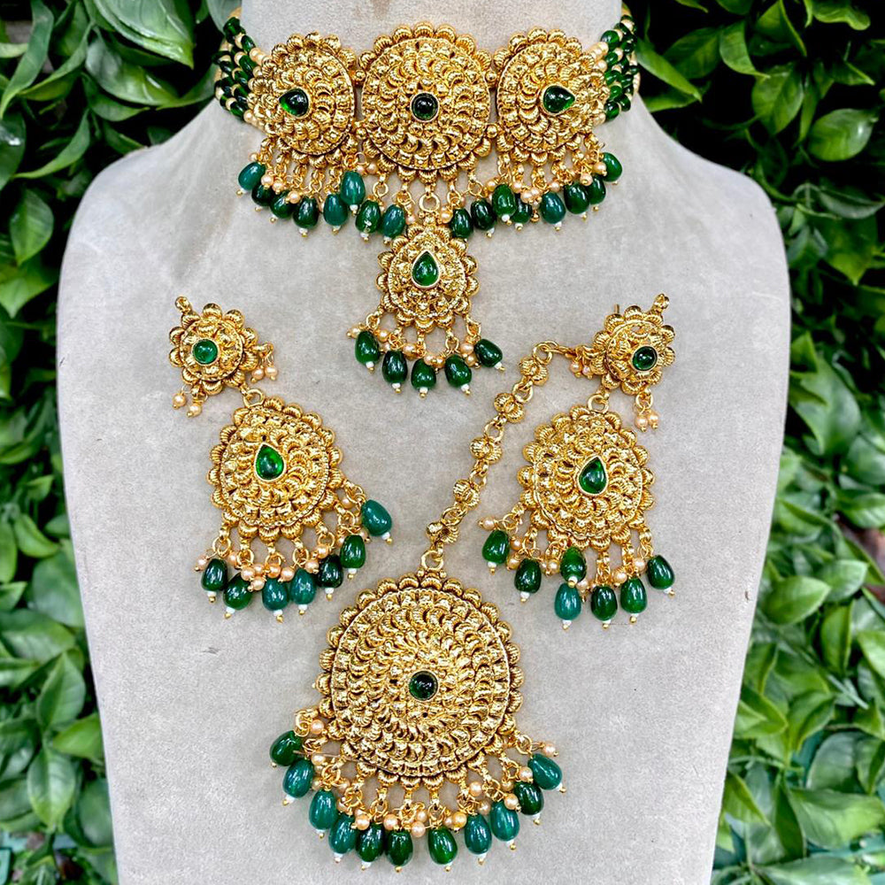 Royal Kundan Jewellery Gold Plated Crystal Stone And Beads Choker Necklace Set