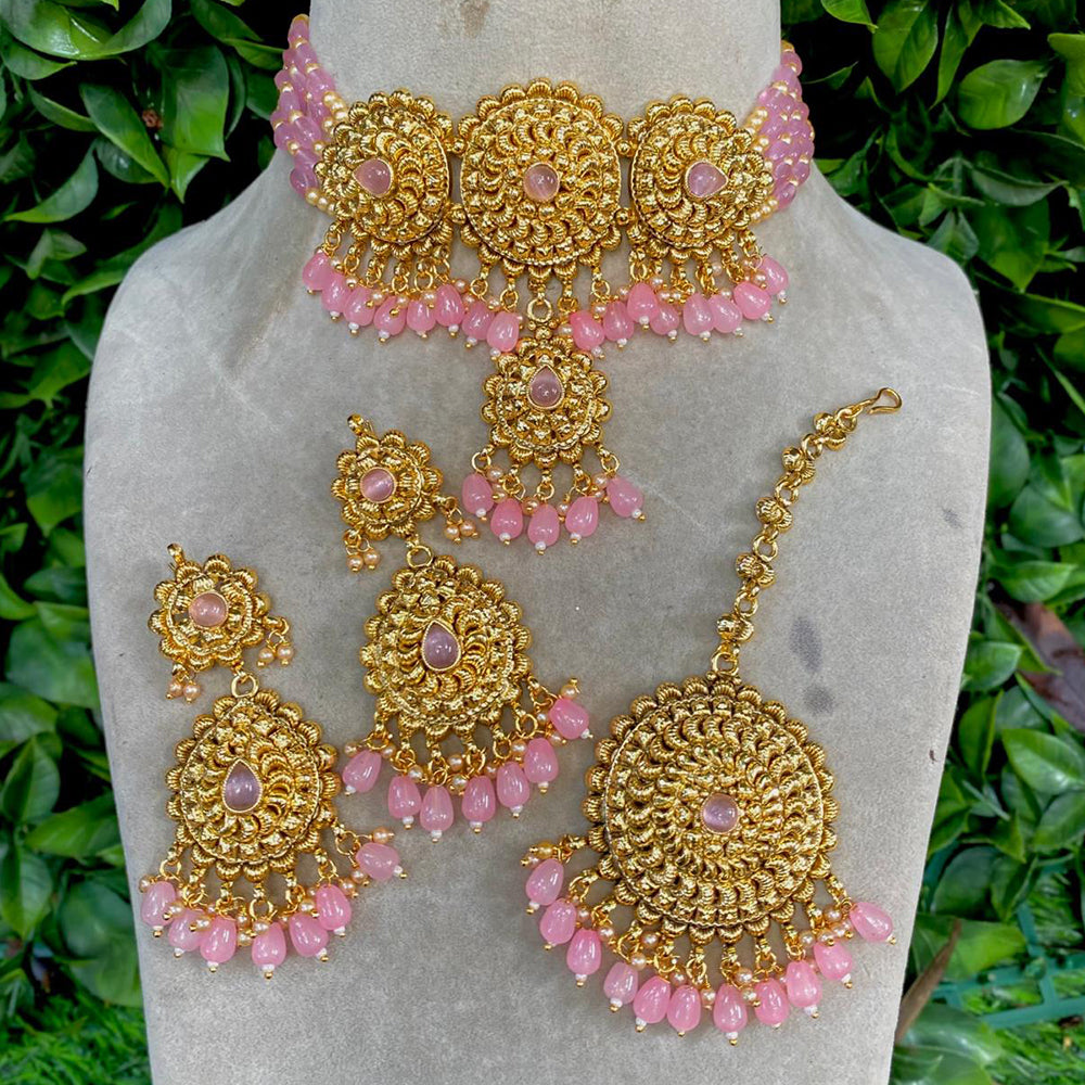 Royal Kundan Jewellery Gold Plated Crystal Stone And Beads Choker Necklace Set
