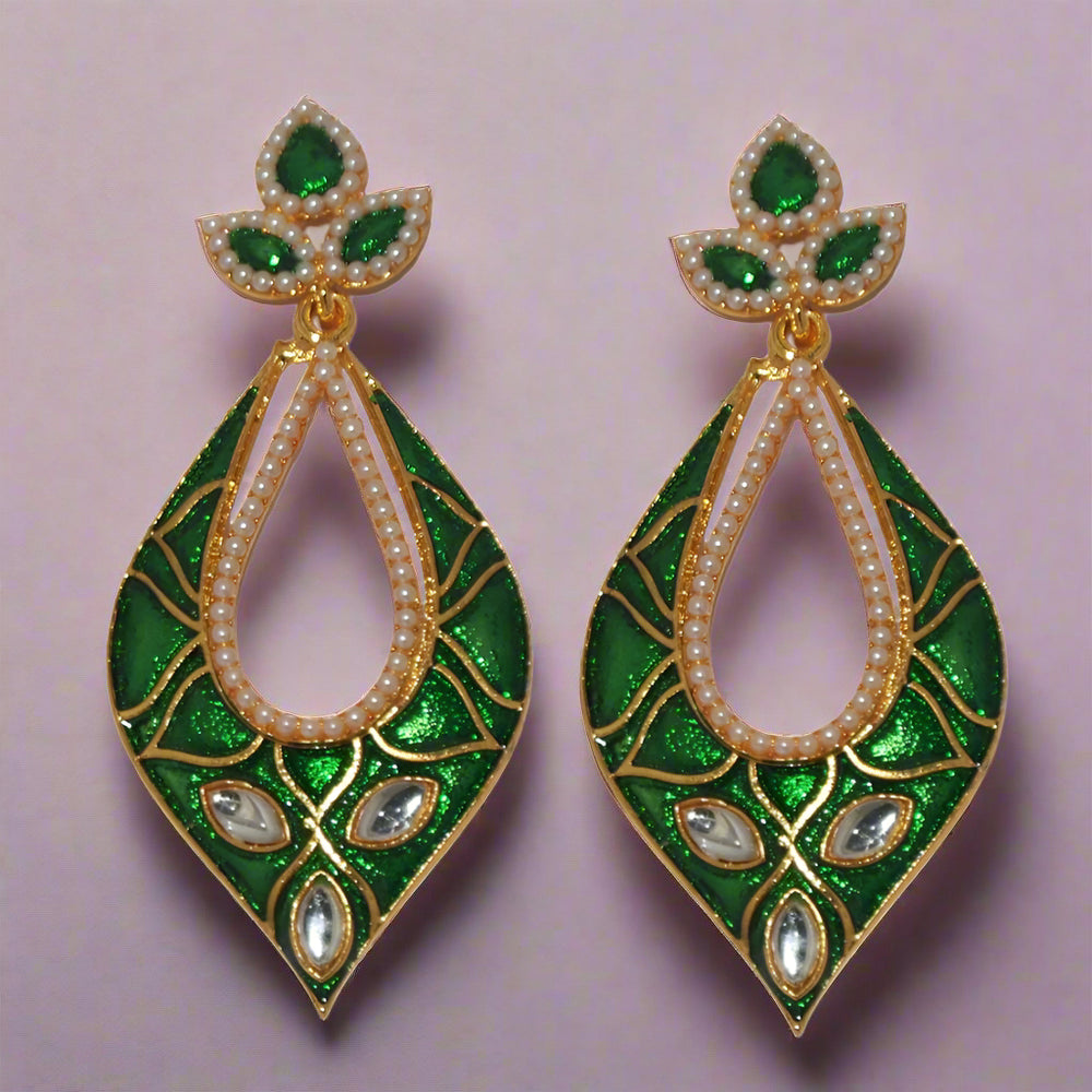 Hania Jewels Gold Plated Kundan Stone And Pearl Meenakari Dangler Earrings