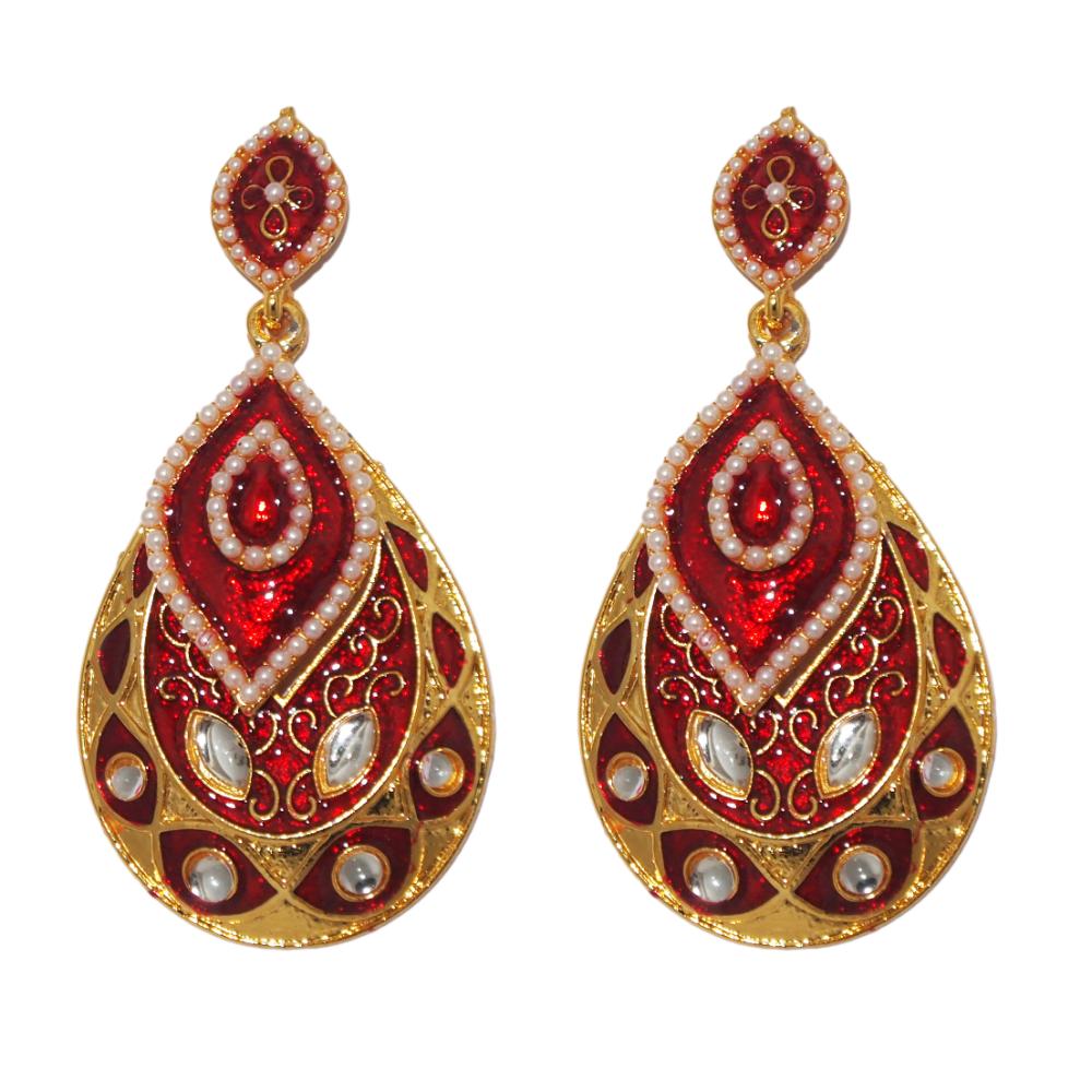 Hania Jewels Gold Plated Kundan Stone And  Pearl Meenakari Dangler Earrings