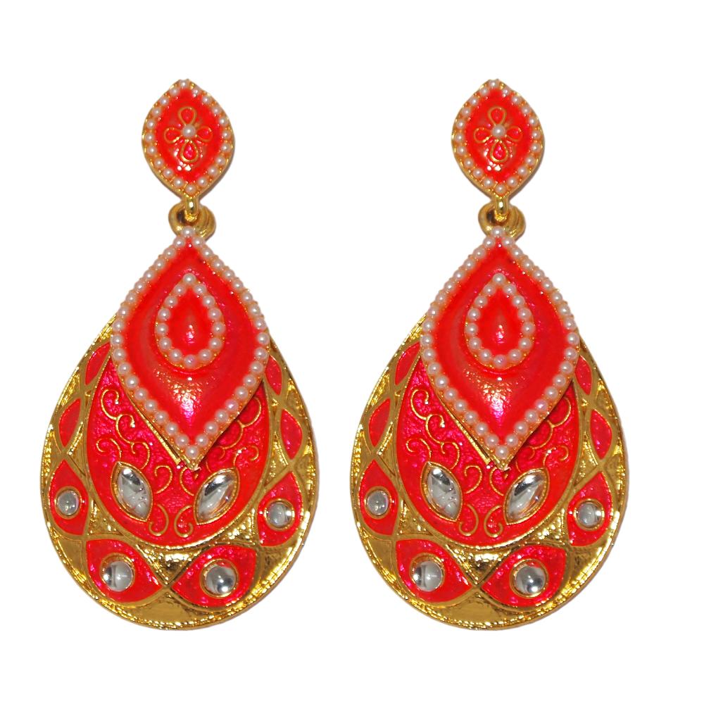 Hania Jewels Gold Plated Kundan Stone And  Pearl Meenakari Dangler Earrings