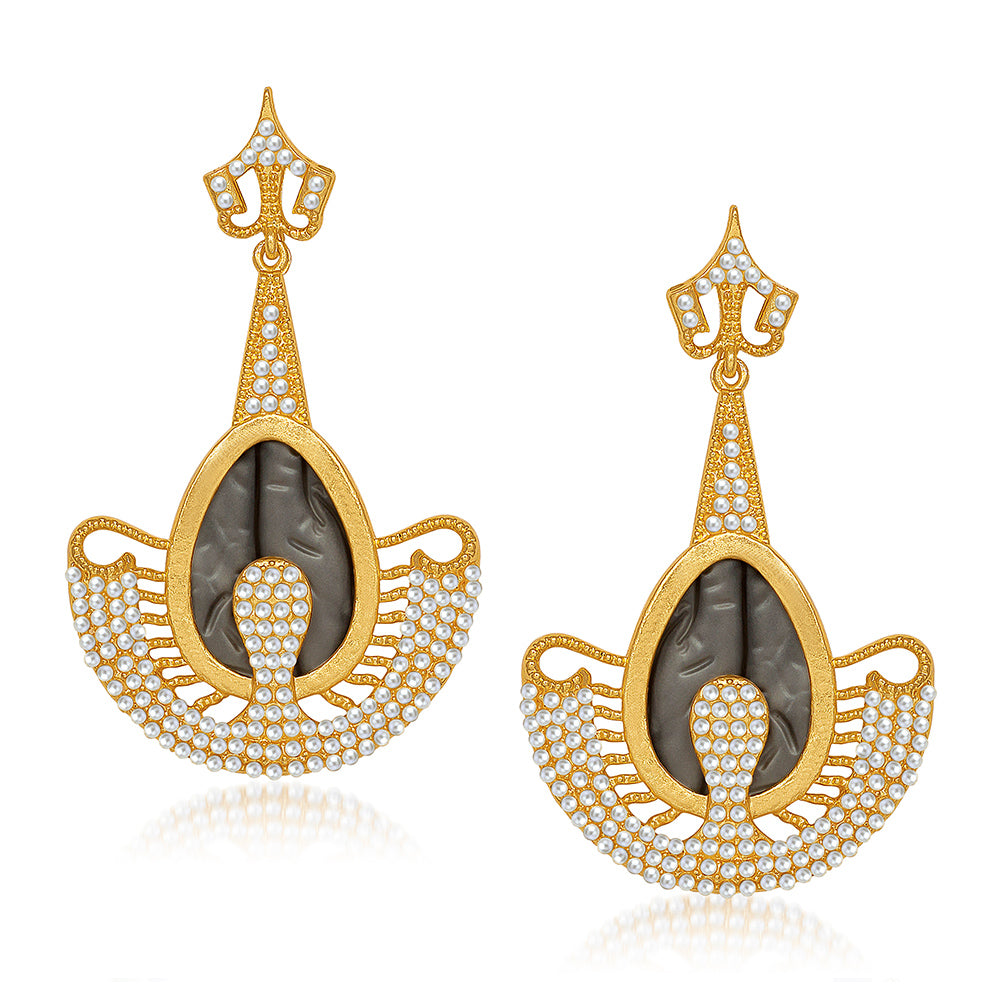 Hania Jewels Gold Plated Aurtain Stone And Pearls Dangler Earrings