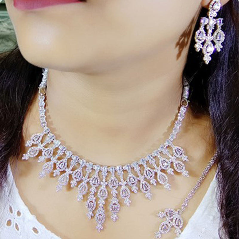 Beeji Creations Silver Plated American Diamonds Necklace Set