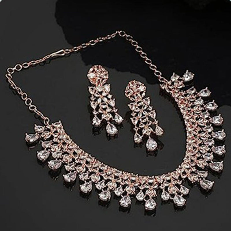 Beeji Creations Rose Gold Plated American Diamonds Necklace Set