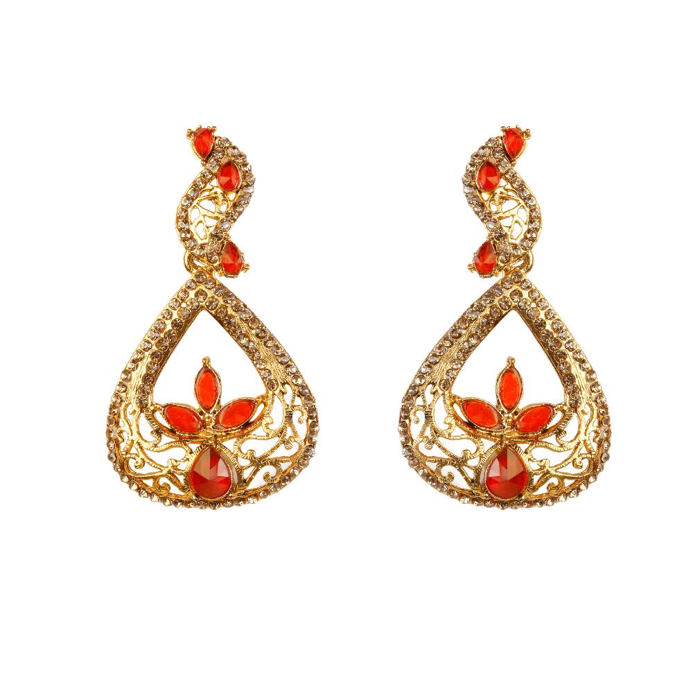 Hania Jewels Teardrop Dangler Earrings with Red Leaf Design