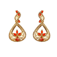 Hania Jewels Teardrop Dangler Earrings with Red Leaf Design