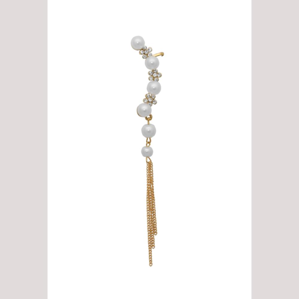 Hania Jewels Modern White Pearl Ear Cuff with Dangling Chains