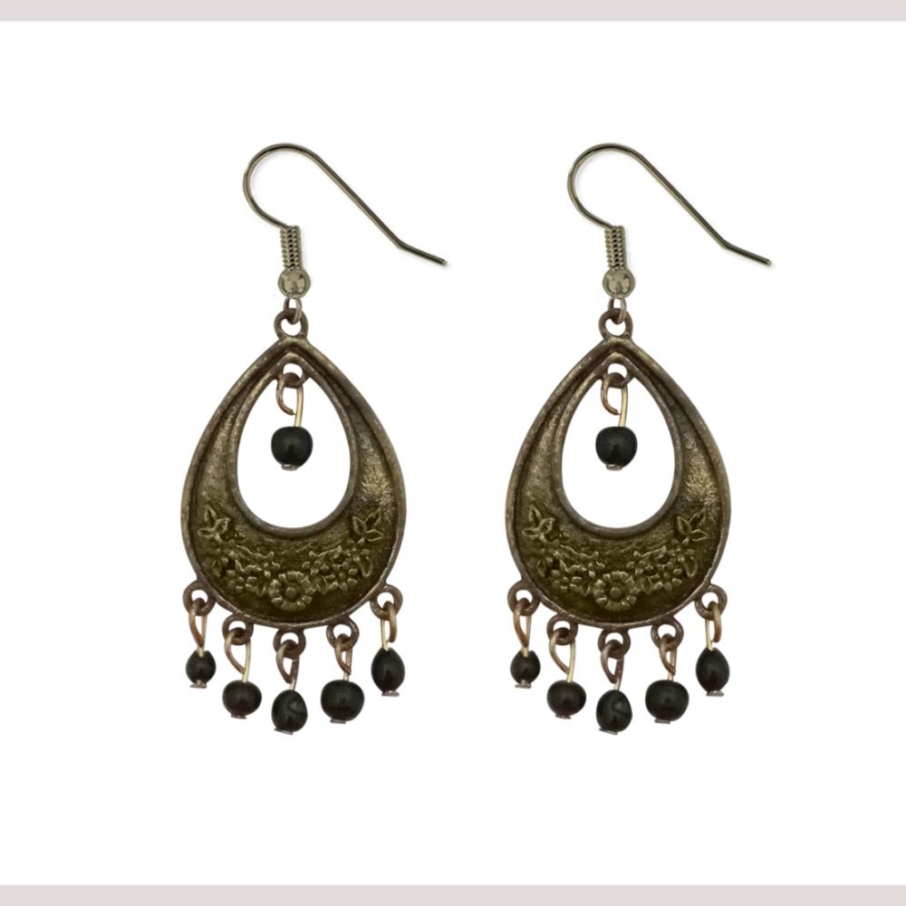 Hania Jewels Antique Bronze Teardrop Earrings with Black Bead Dangles
