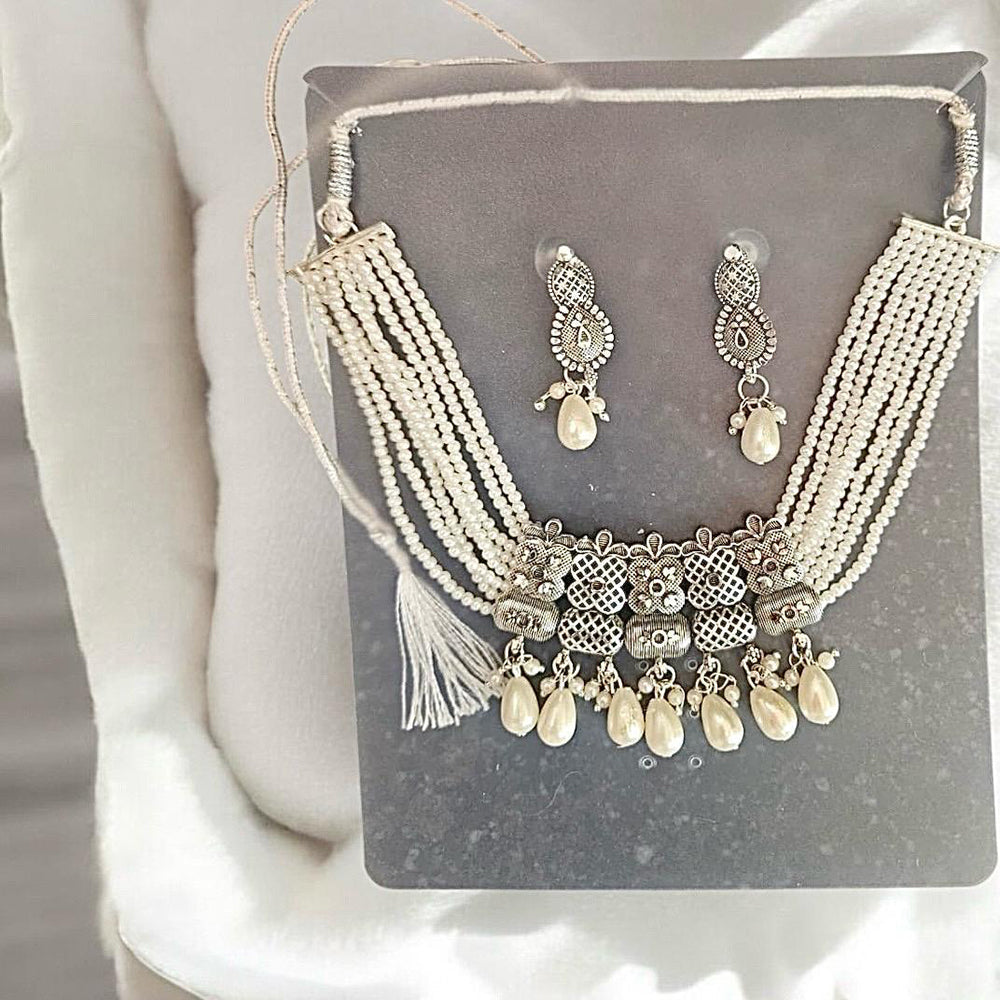 VM Imitation Classic Oxidised Plated Pearl Choker Necklace Set