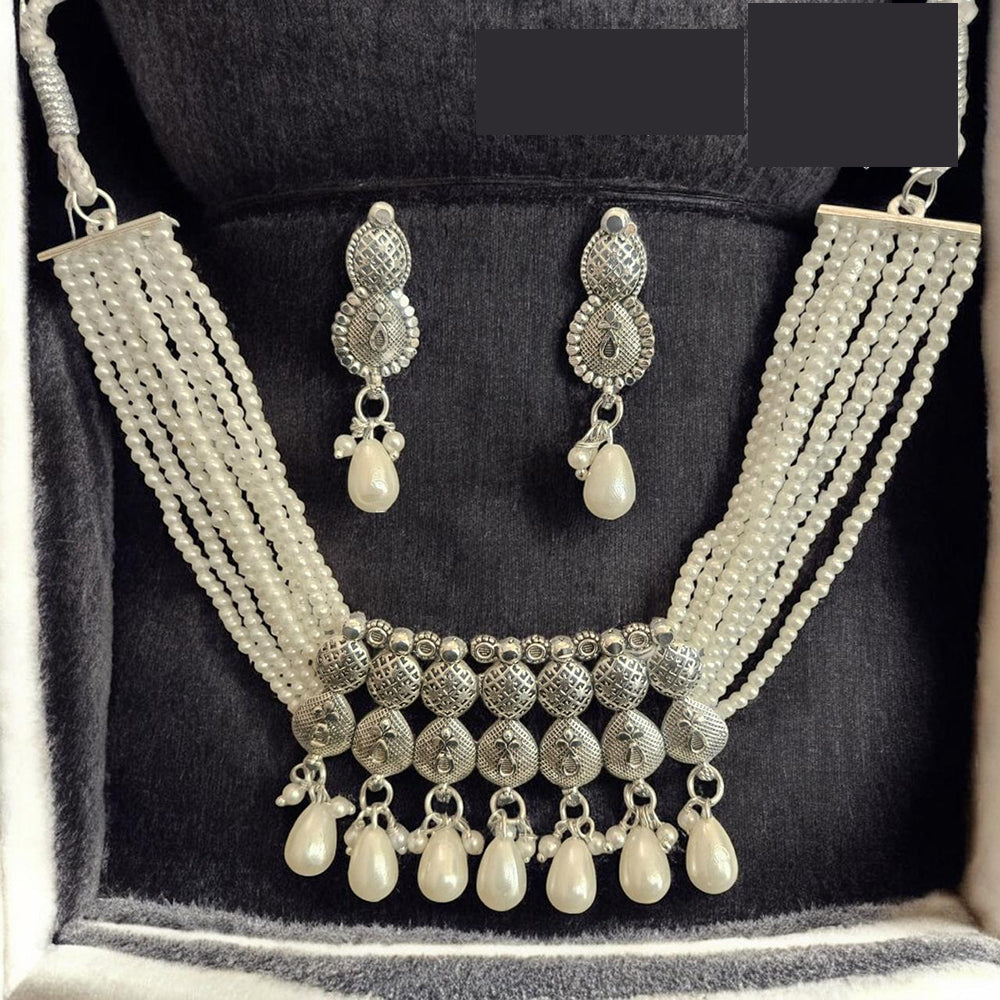 VM Imitation Classic Oxidised Plated Pearl Choker Necklace Set