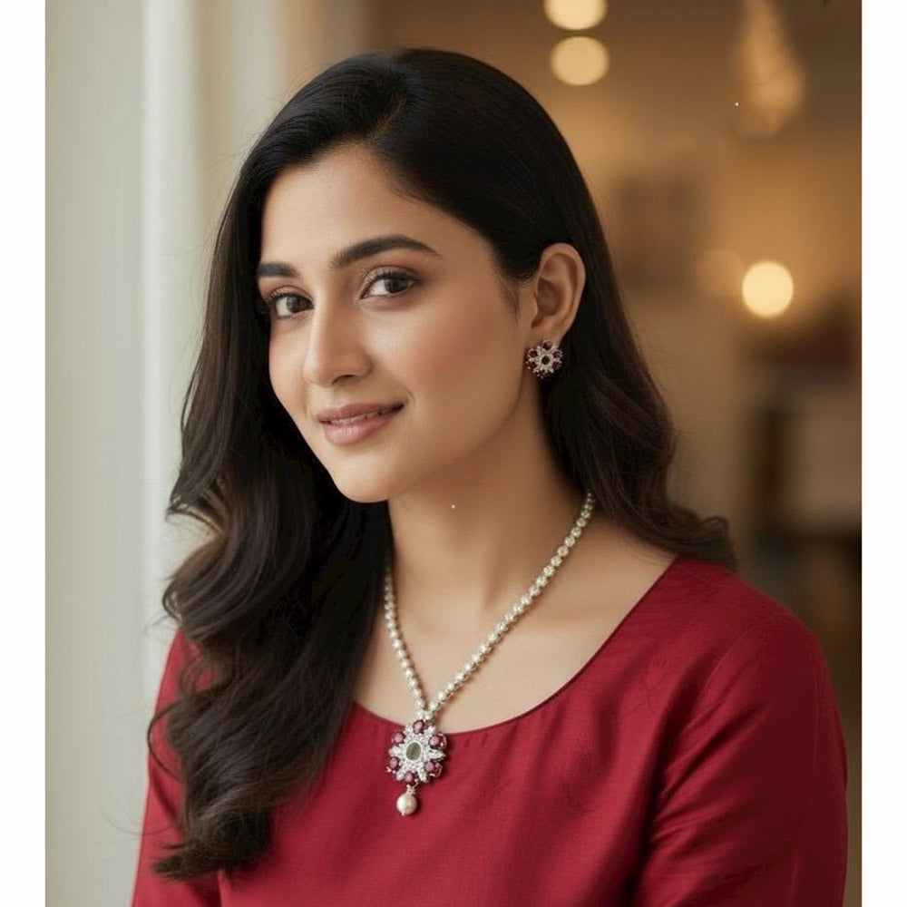 VM Imitation Fancy Crystal Stone And Pearl Statement Necklace Set