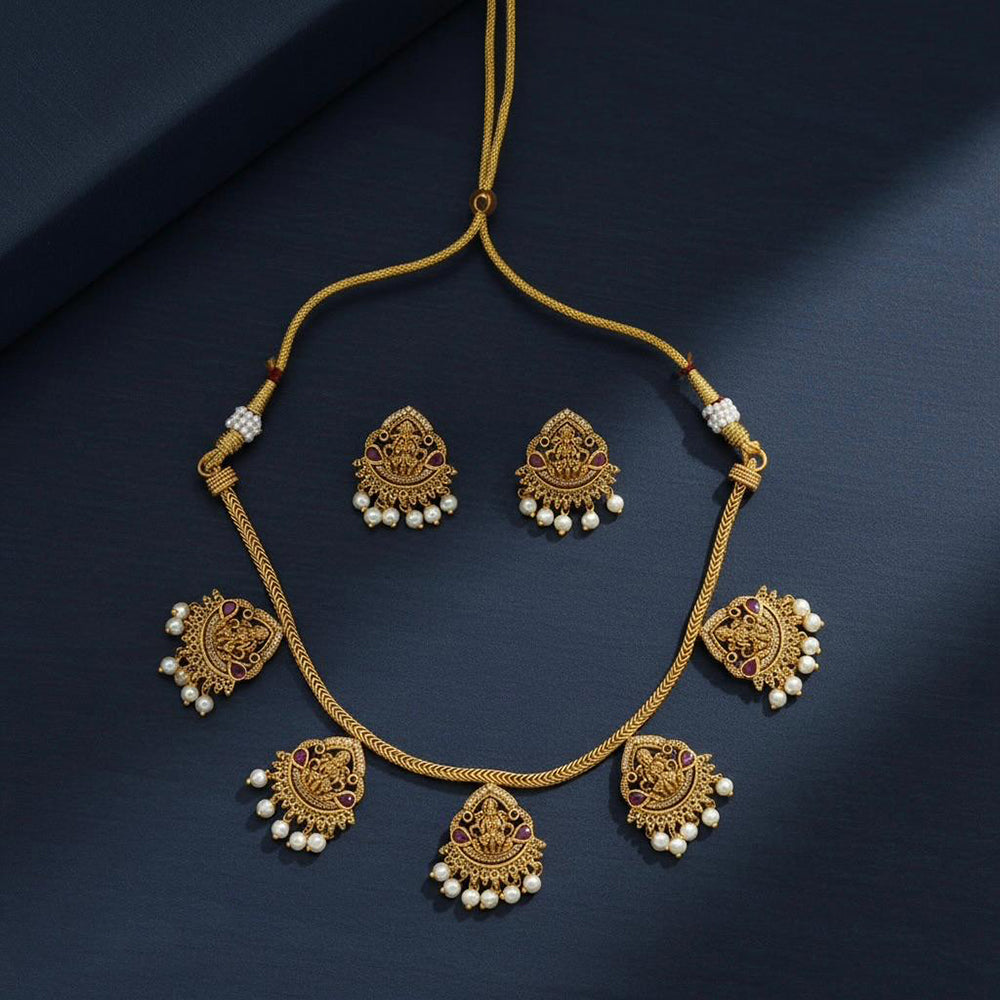 VM Imitation Pota Stone And Pearl Temple Necklace Set  (Pack of 6)
