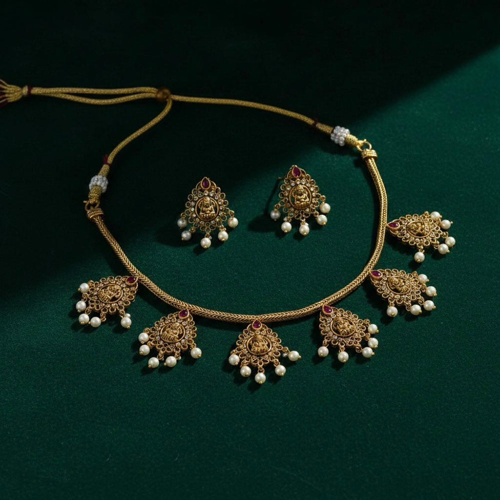 VM Imitation Pota Stone And Pearl Temple Necklace Set  (Pack of 6)