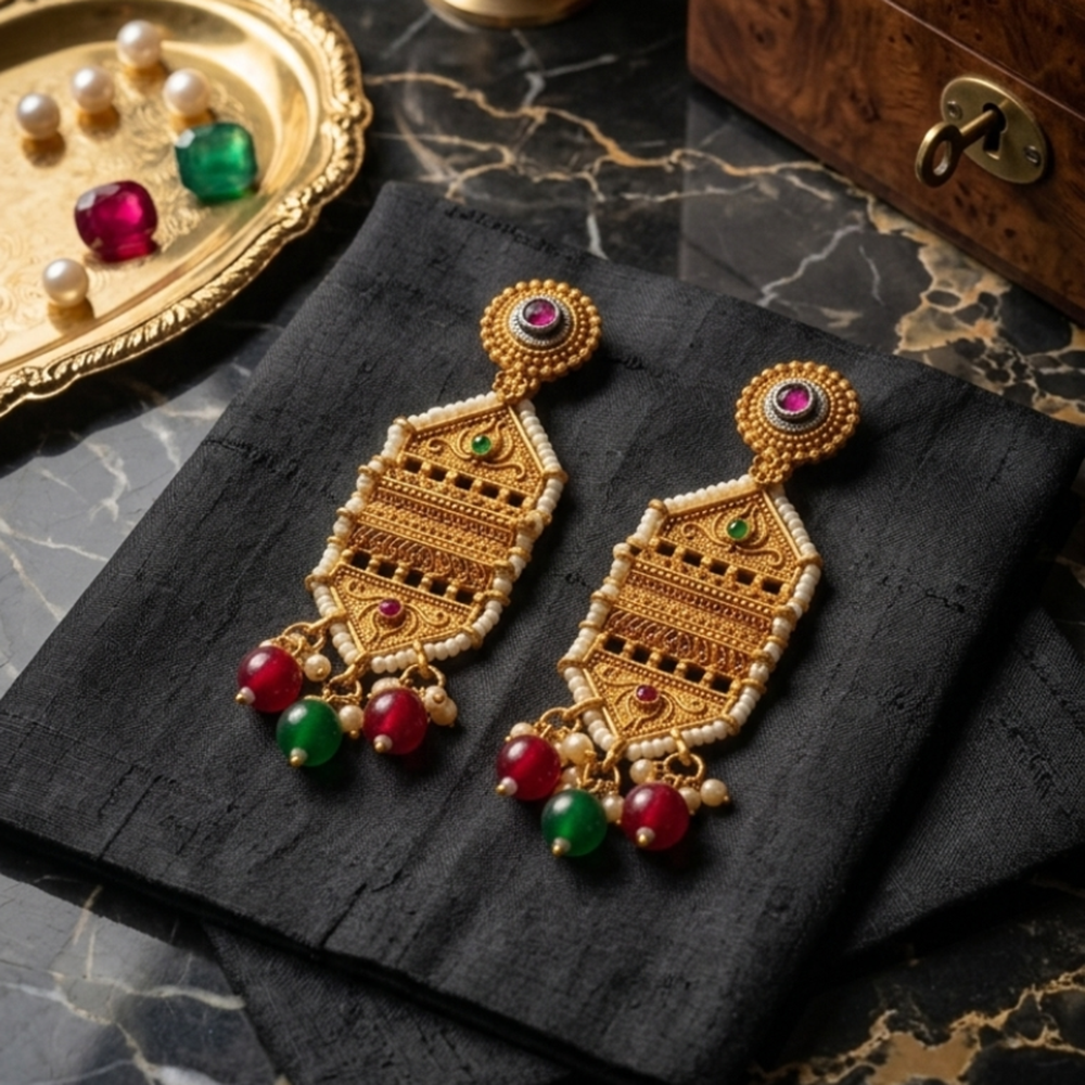 Wearhouse Fashion Designer Pota Stone And Pearl Dangler Earrings