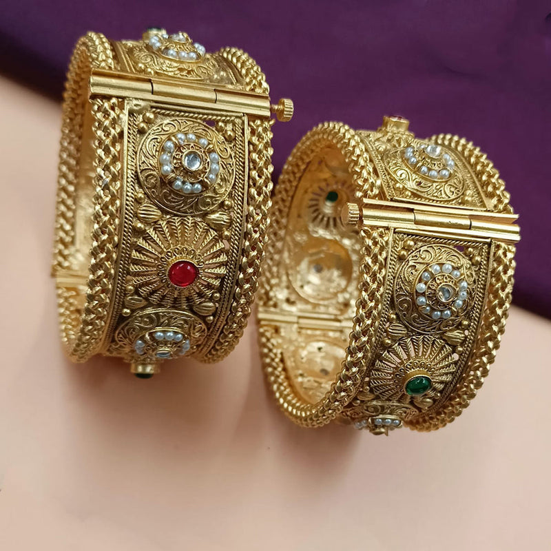 NAFJ Gold Plated Pota Stone And Pearls Openable Bangles Set