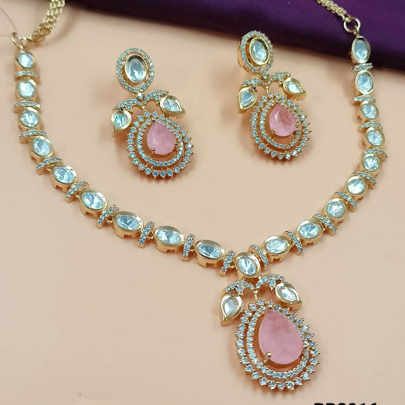 NAFJ Gold Plated Polki Kundan Stone Necklace Set