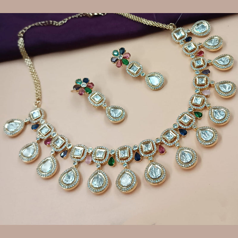 NAFJ Gold Plated Polki Kundan Stone Necklace Set