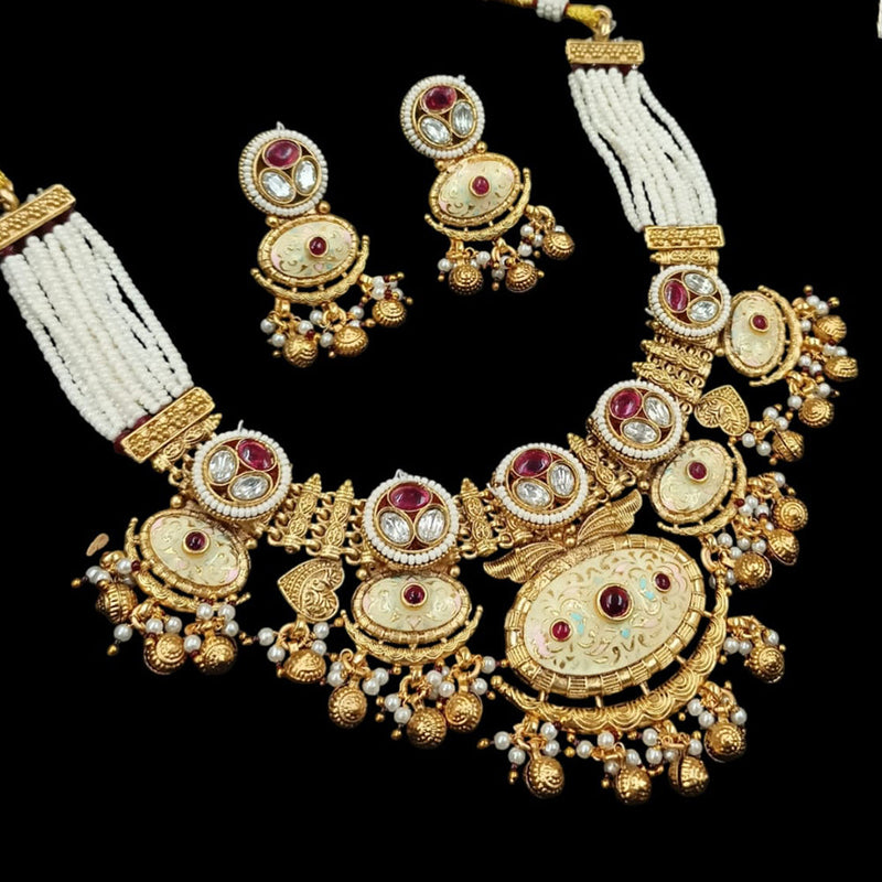 NAFJ Gold Plated Pota Stone And Pearls Meenakari Necklace Set