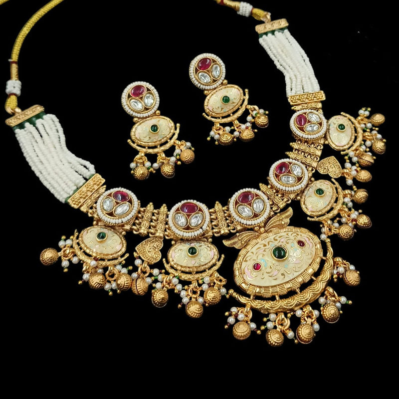 NAFJ Gold Plated Pota Stone And Pearls Meenakari Necklace Set