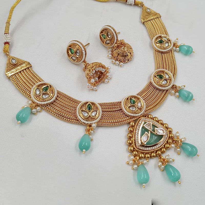 NAFJ Gold Plated Kundan Stone And  Beads Necklace Set