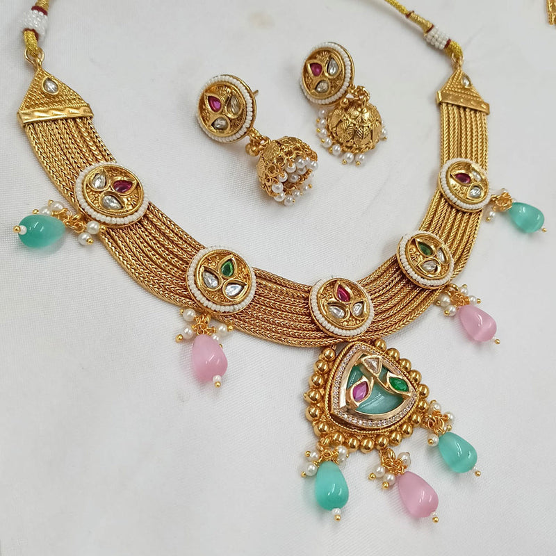 NAFJ Gold Plated Kundan Stone And  Beads Necklace Set