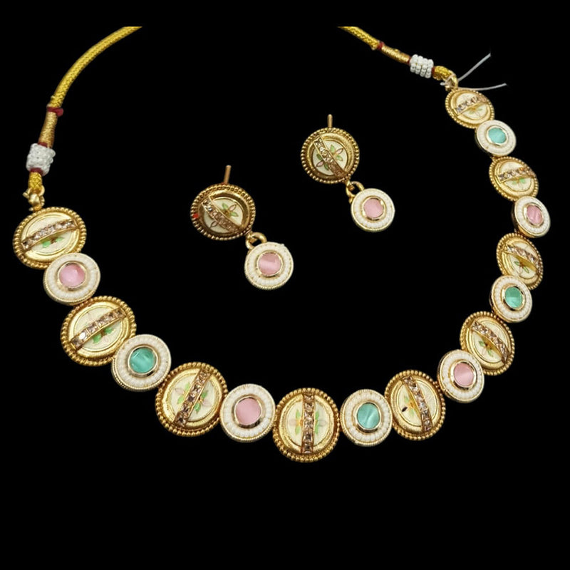 NAFJ Gold Plated Pota Stone And Pearls Meenakari Necklace Set