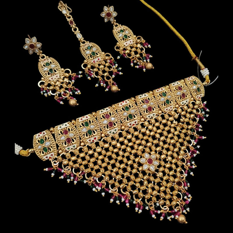 NAFJ Gold Plated Pota Stone And Pearls Meenakari Necklace Set