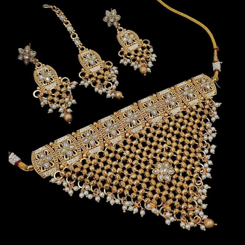 NAFJ Gold Plated Pota Stone And Pearls Meenakari Necklace Set