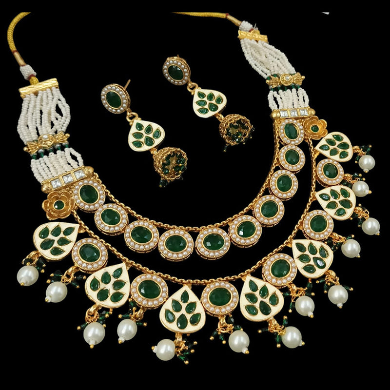 NAFJ Gold Plated Pota Stone And Pearls Meenakari Necklace Set