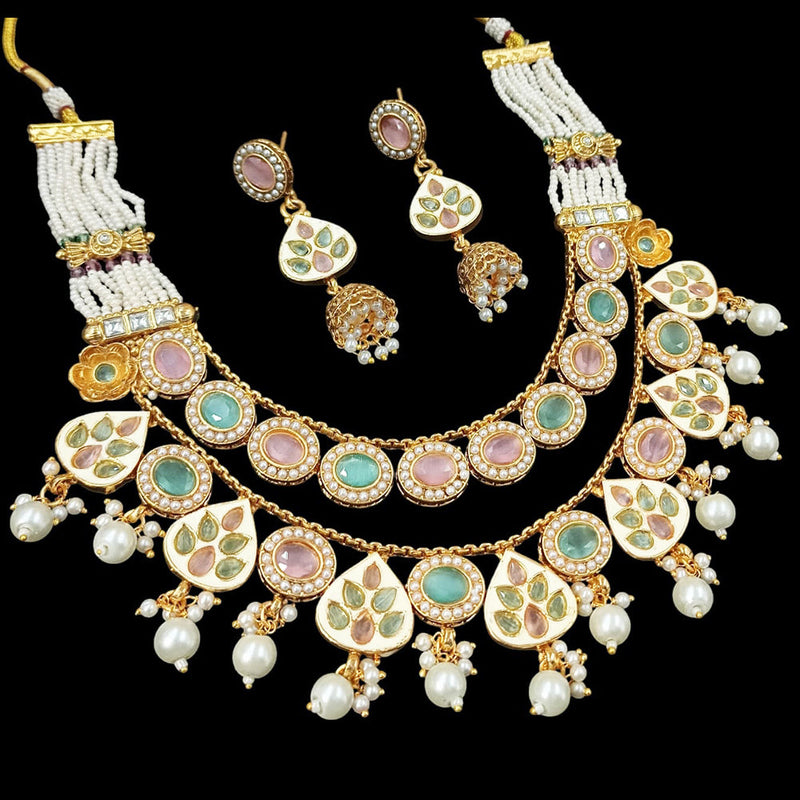 NAFJ Gold Plated Pota Stone And Pearls Meenakari Necklace Set