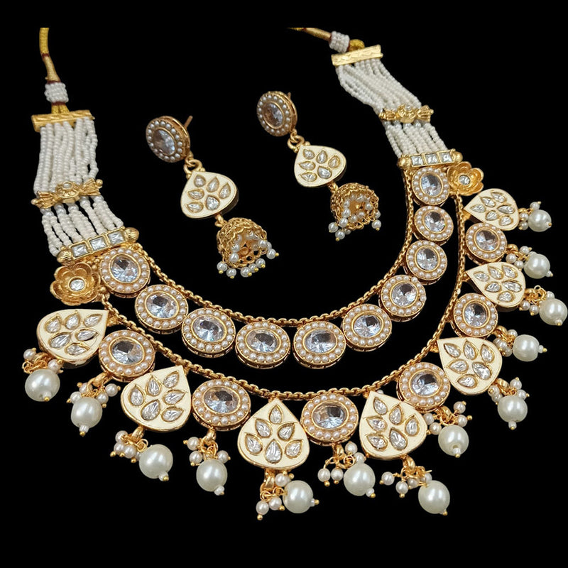 NAFJ Gold Plated Pota Stone And Pearls Meenakari Necklace Set