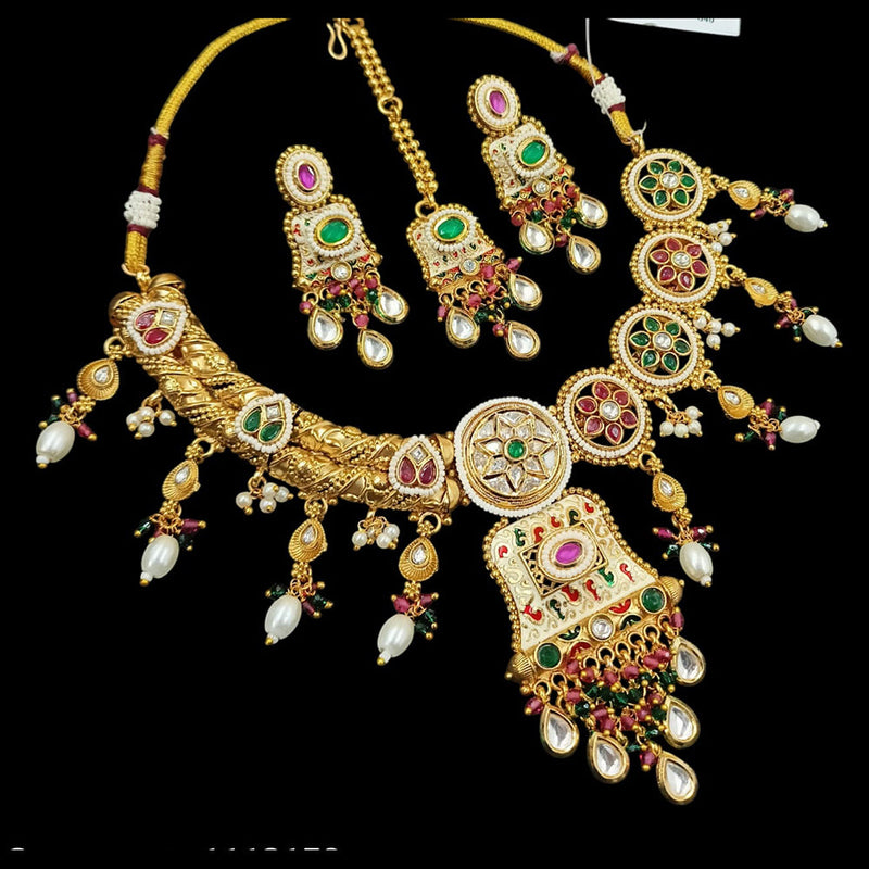 NAFJ Gold Plated Pota Stone And Pearls Meenakari Necklace Set