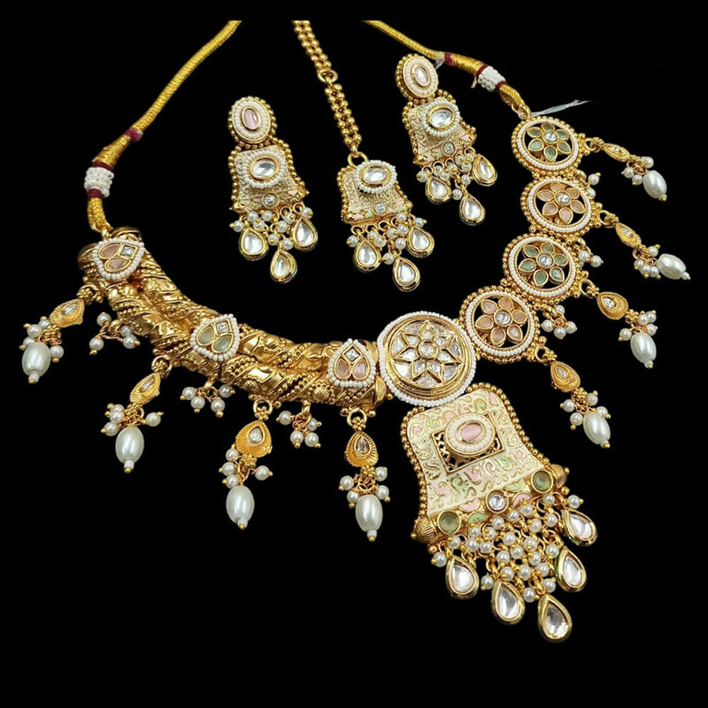 NAFJ Gold Plated Pota Stone And Pearls Meenakari Necklace Set