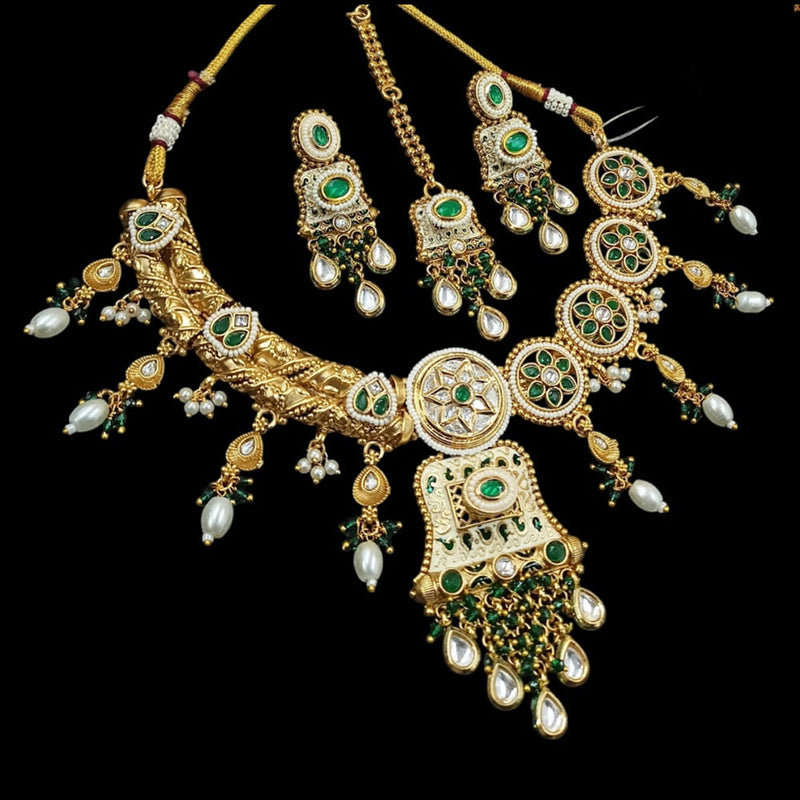 NAFJ Gold Plated Pota Stone And Pearls Meenakari Necklace Set