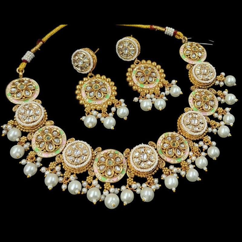 NAFJ Gold Plated Pota Stone And Pearls Meenakari Necklace Set