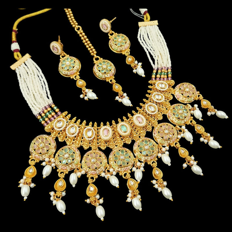 NAFJ Gold Plated Pota Stone And Pearls Meenakari Necklace Set