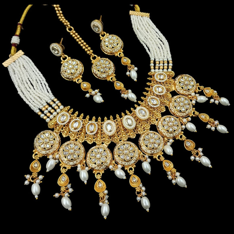 NAFJ Gold Plated Pota Stone And Pearls Meenakari Necklace Set