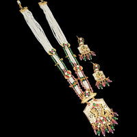 NAFJ Gold Plated Pota Stone & Beads Long  Meenakari Necklace Set