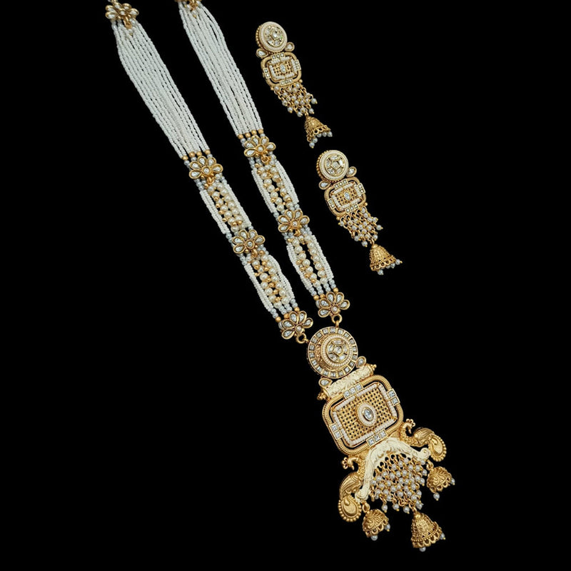 NAFJ Gold Plated Pota Stone & Beads Long  Meenakari Necklace Set