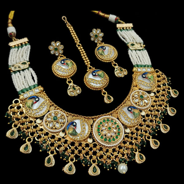 NAFJ Gold Plated Pota Stone And Pearls Meenakari Necklace Set